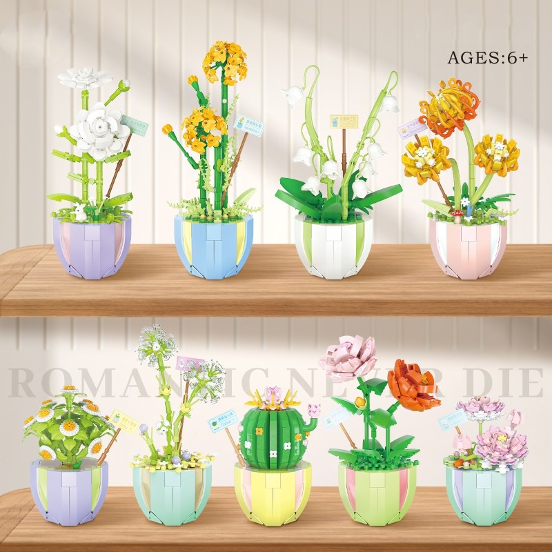 Building Block Bouquet 3D Model Toy Home Decoration Plant Potted Prickly Pear Flower Assembly Brick Girl Toy Child Gift