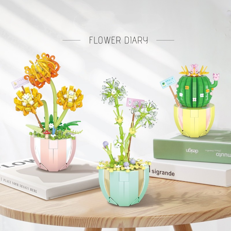 Building Block Bouquet 3D Model Toy Home Decoration Plant Potted Prickly Pear Flower Assembly Brick Girl Toy Child Gift
