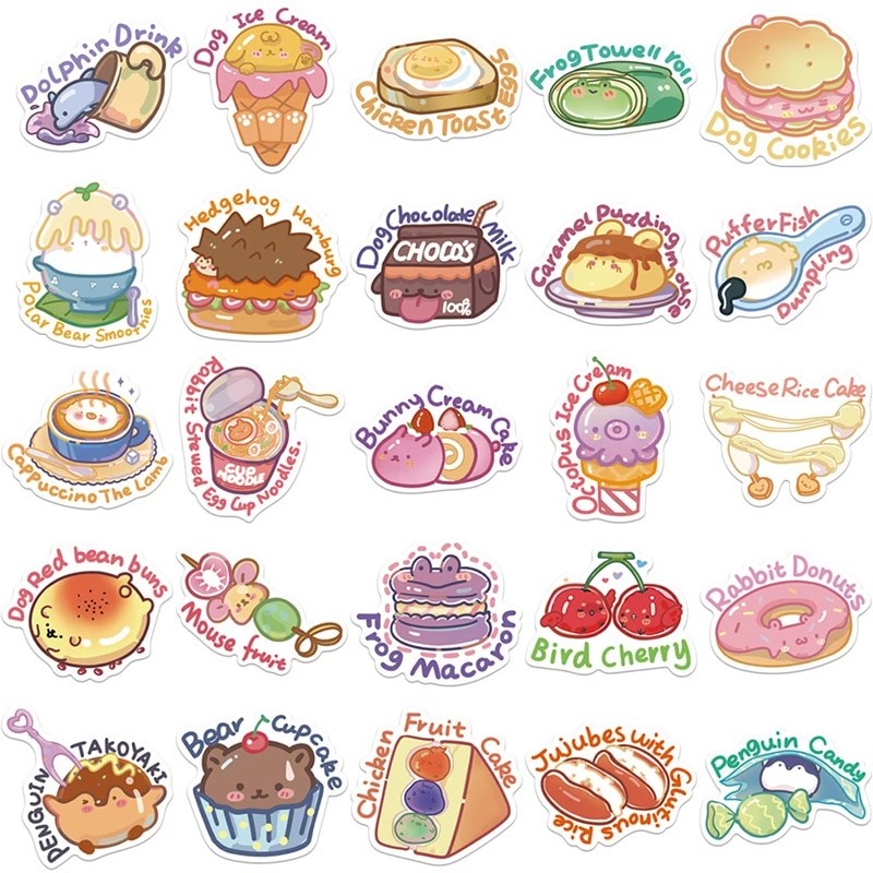 50PCS Cartoon Food Graffiti Stickers Hamburger Sandwich French Fries Sushi Decals Sticker For Notebook Scooter Trolley Case