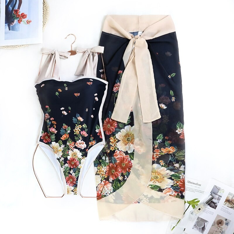 MUOLUX 2023 Vintage Swimsuit One-Piece Floral Print Swim Skirt Women Cover Up Swimwear Summer Beachwear Brazilian Swimming Suit