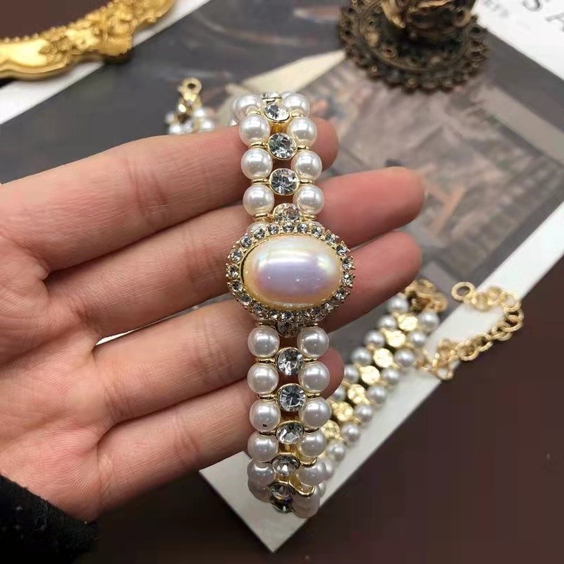 Western Retro Marbel Pearl Necklace Earrings Ear Clip Suit Accessories Cheongsam Dress Necklace Women