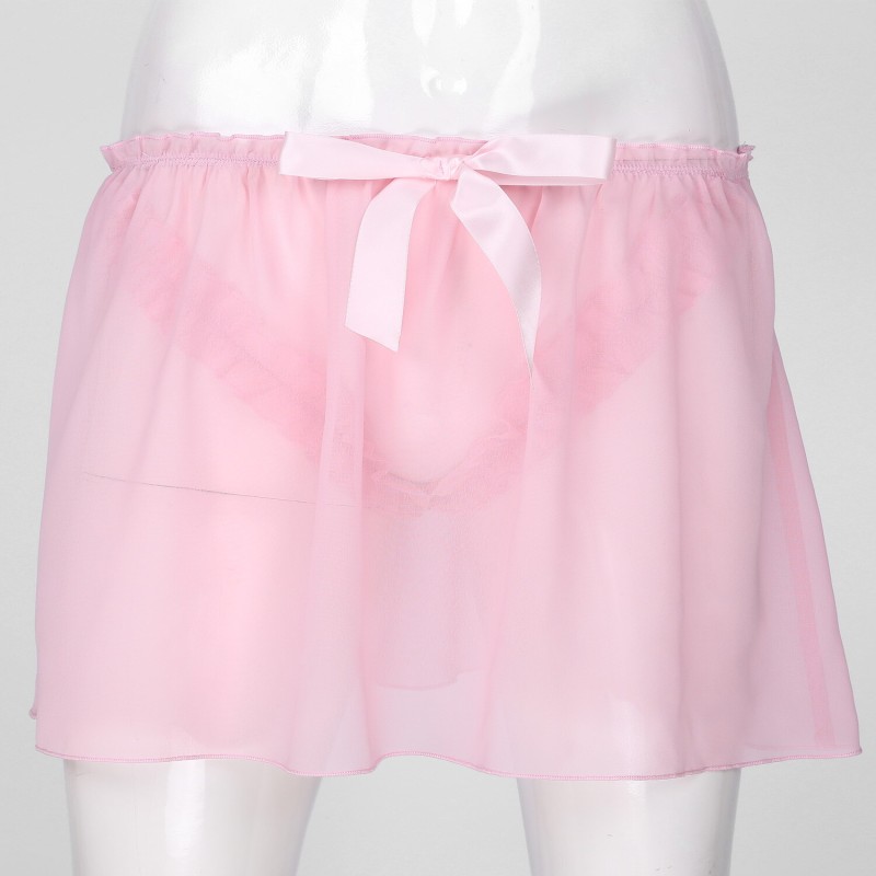Mens Lingerie Sissy Semi See-Through Chiffon Skirt Sissy Nightwear Crossdressing Sleepwear Frilly Elastic Waistband Skirts