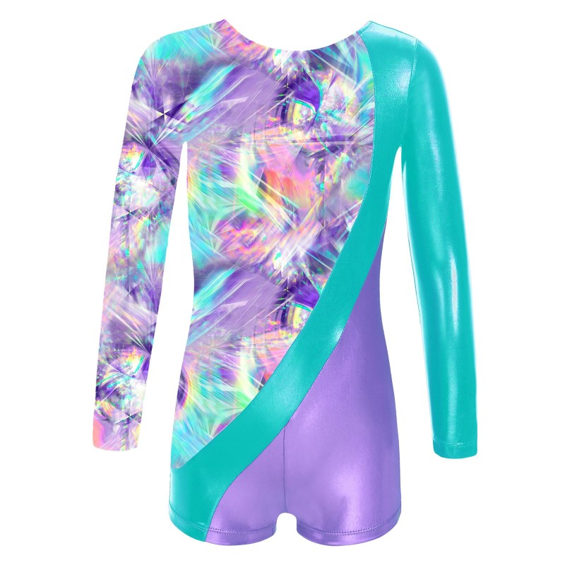 Choomomo Kids Girls 4-14 Round Neck Long Sleeve Dancing Jumpsuits for Gymnastic Patchwork Printed Leotard Boyleg for Performance