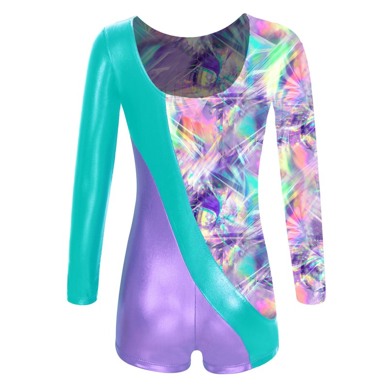 Choomomo Kids Girls 4-14 Round Neck Long Sleeve Dancing Jumpsuits for Gymnastic Patchwork Printed Leotard Boyleg for Performance