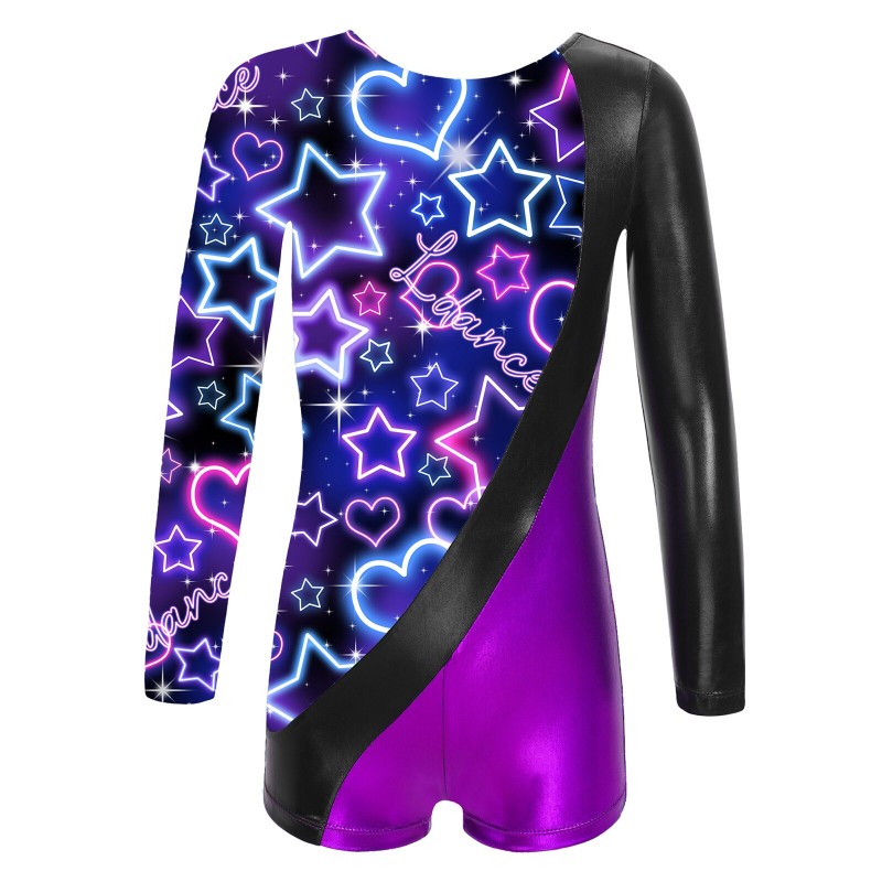 Choomomo Kids Girls 4-14 Round Neck Long Sleeve Dancing Jumpsuits for Gymnastic Patchwork Printed Leotard Boyleg for Performance