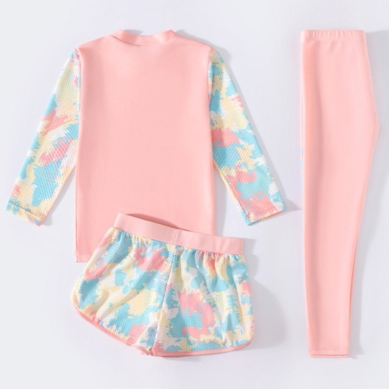3Pcs Kids Girls Colorful Print Swimsuit Long Sleeve Top Shorts And Pants Set Sun Protection Rash Guard Swimwear Swimming Suit