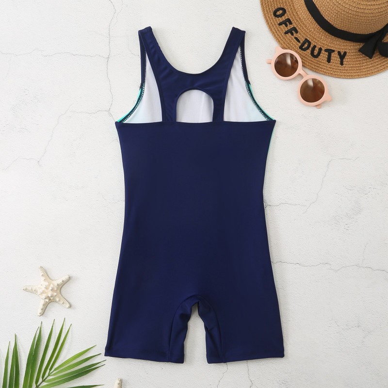 Kids Girl One Piece Swimsuit Sleeveless Round Neckline Letter Print Swimwear Boxer Bottoms Style Jumpsuit Beach Swimming Suit