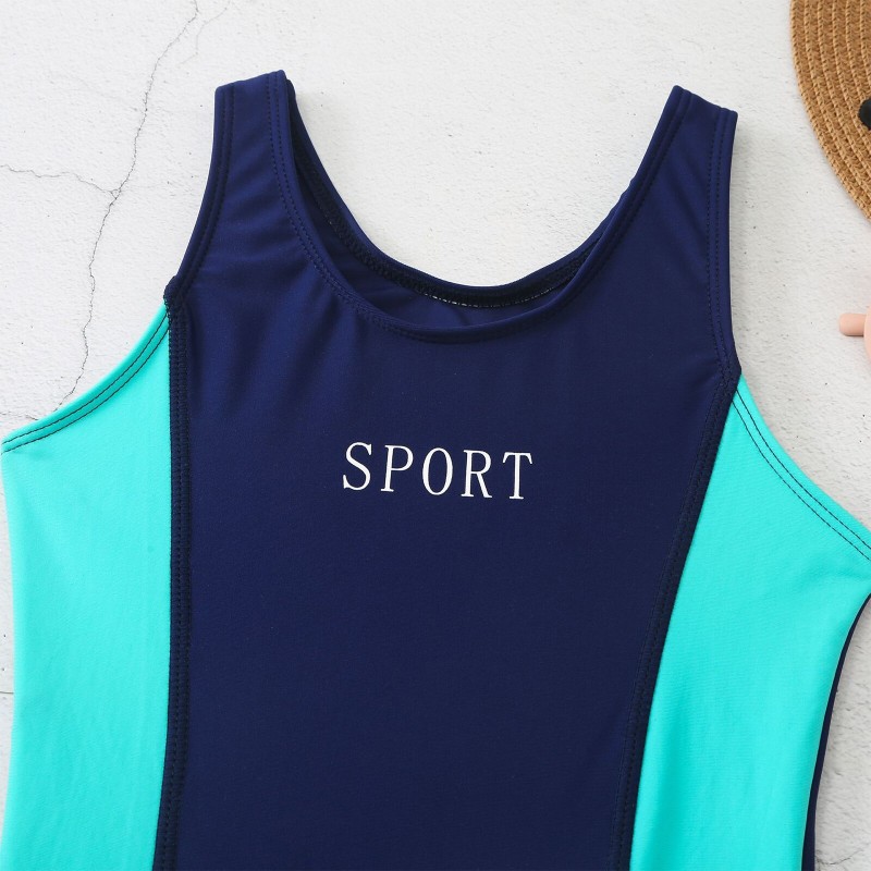 Kids Girl One Piece Swimsuit Sleeveless Round Neckline Letter Print Swimwear Boxer Bottoms Style Jumpsuit Beach Swimming Suit