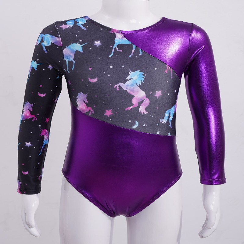 Choomomo Kids Girls Purple Round Neck Long Sleeves Horse Printed Swim Bodysuit Patchwork Gym Yoga Ballet Dance Leotard Jumpsuits