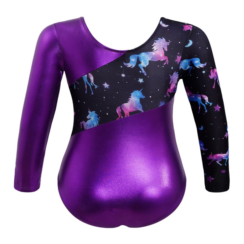 Choomomo Kids Girls Purple Round Neck Long Sleeves Horse Printed Swim Bodysuit Patchwork Gym Yoga Ballet Dance Leotard Jumpsuits