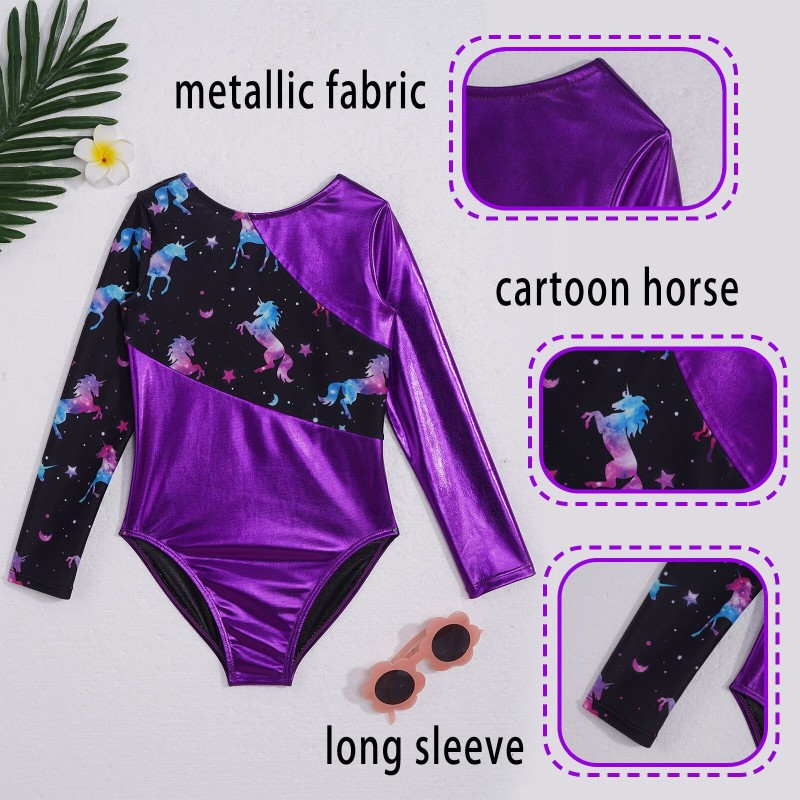 Choomomo Kids Girls Purple Round Neck Long Sleeves Horse Printed Swim Bodysuit Patchwork Gym Yoga Ballet Dance Leotard Jumpsuits