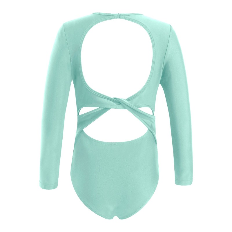 Choomomo Kids Girls Solid Mint Green Long Sleeves Open Back Bodysuit with Crisscross Straps Ballet/Swim Leotard Workouts Unitard