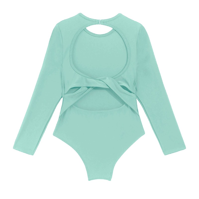 Choomomo Kids Girls Solid Mint Green Long Sleeves Open Back Bodysuit with Crisscross Straps Ballet/Swim Leotard Workouts Unitard