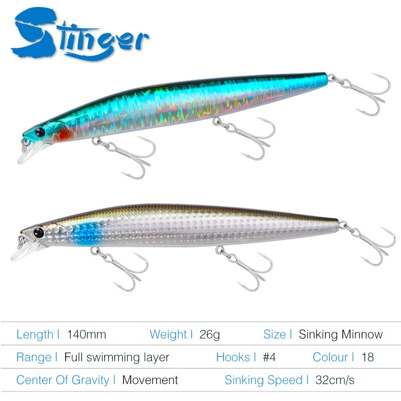 TSURINOYA Top Fishing Lure Sinking Minnow 140S DW92 140mm 26g Saltwater Black Bass Pike Long Casting Hard Baits Tungsten Weight