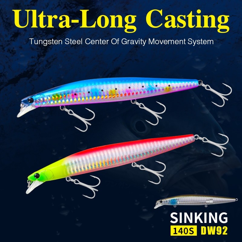 TSURINOYA Top Fishing Lure Sinking Minnow 140S DW92 140mm 26g Saltwater Black Bass Pike Long Casting Hard Baits Tungsten Weight