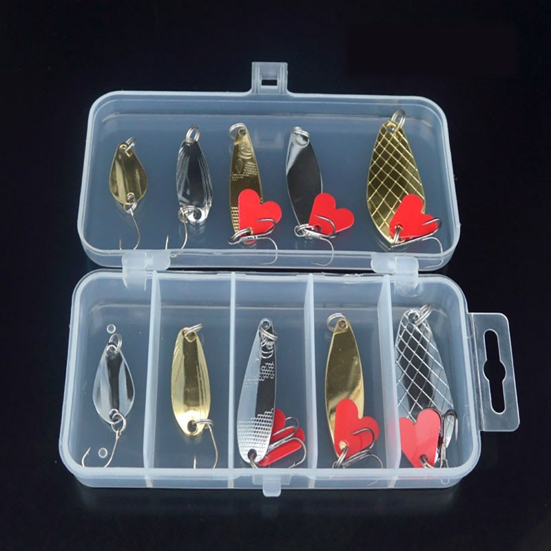 10PCS/Set Lure Metal Spinner Lure Spoon Set Gold Fishing Spinner Lure Sequins with Box Treble Hooks Fishing Tackle Hard Bait