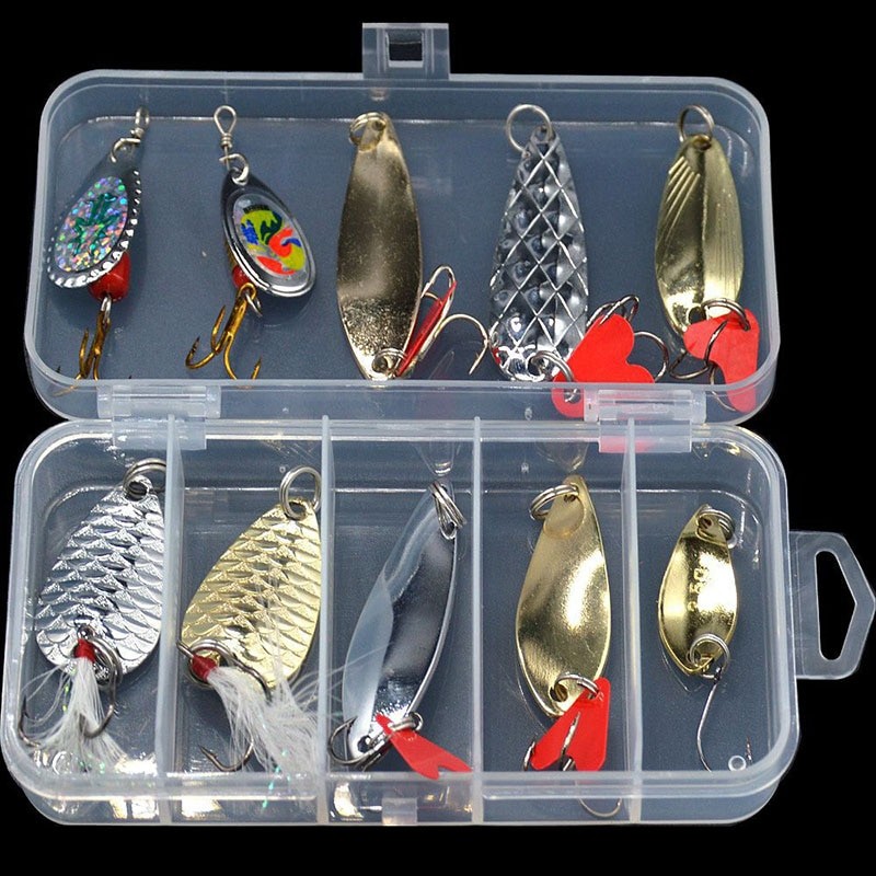 10PCS/Set Lure Metal Spinner Lure Spoon Set Gold Fishing Spinner Lure Sequins with Box Treble Hooks Fishing Tackle Hard Bait