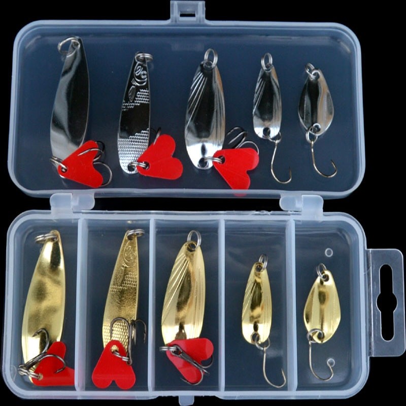10PCS/Set Lure Metal Spinner Lure Spoon Set Gold Fishing Spinner Lure Sequins with Box Treble Hooks Fishing Tackle Hard Bait