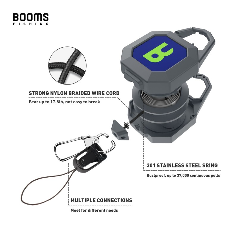 Booms Fishing RG4 Fly Fishing Tools Retractor Locking Gear Tether Heavy Duty Retractable Keychain with Steel Cord Accessories