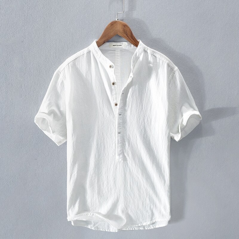 Summer New Men's Colorblock Cotton Linen Shirt Short Sleeve T-Shirt Casual Men Linen Shirt Male Breathable Tops block pattern