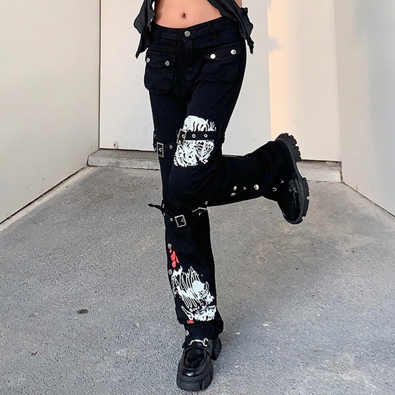 Gothic Emo Alt Women Pants Techwear Hippie Baggy Trousers Mom Goth Punk Black Cargo Pants Cyber Y2k Pants Academic Dark Clothes