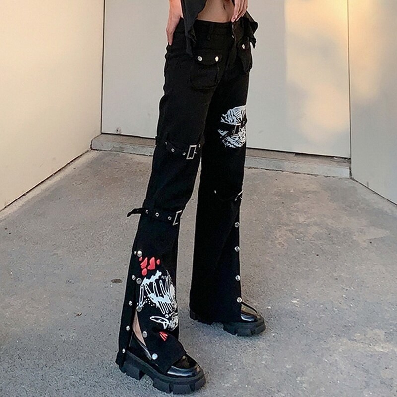 Gothic Emo Alt Women Pants Techwear Hippie Baggy Trousers Mom Goth Punk Black Cargo Pants Cyber Y2k Pants Academic Dark Clothes