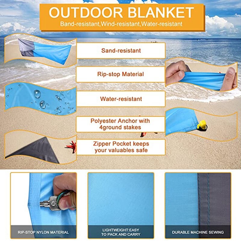 200x210cm Pocket Picnic Waterproof Beach Mat Sand Free Blanket Camping Outdoor Picknick Tent Folding Cover Bedding