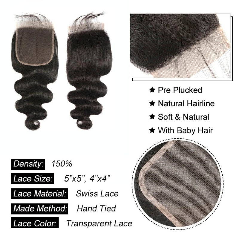 Body Lace Closure 4Ãƒâ€”4 5Ãƒâ€”5 6Ãƒâ€”6 Lace Frontal Only 13x4 13x6 HD Transparent Lace Closure Human Hair With Pre Plucked