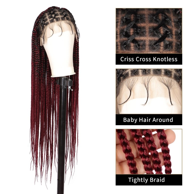 Kalyss 36" Full Lace Front Knotless Braided Wigs Criss Cross Box Braid Synthetic Wig With Baby Hair For Black Women