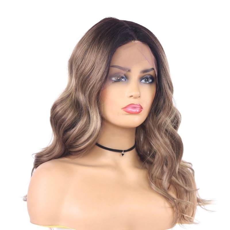 Ombre Brown Natural Wave Synthetic Lace Front Wigs For Women Black Blonde Shoulder Length Heat Resistant Middle Part Wig X-TRESS