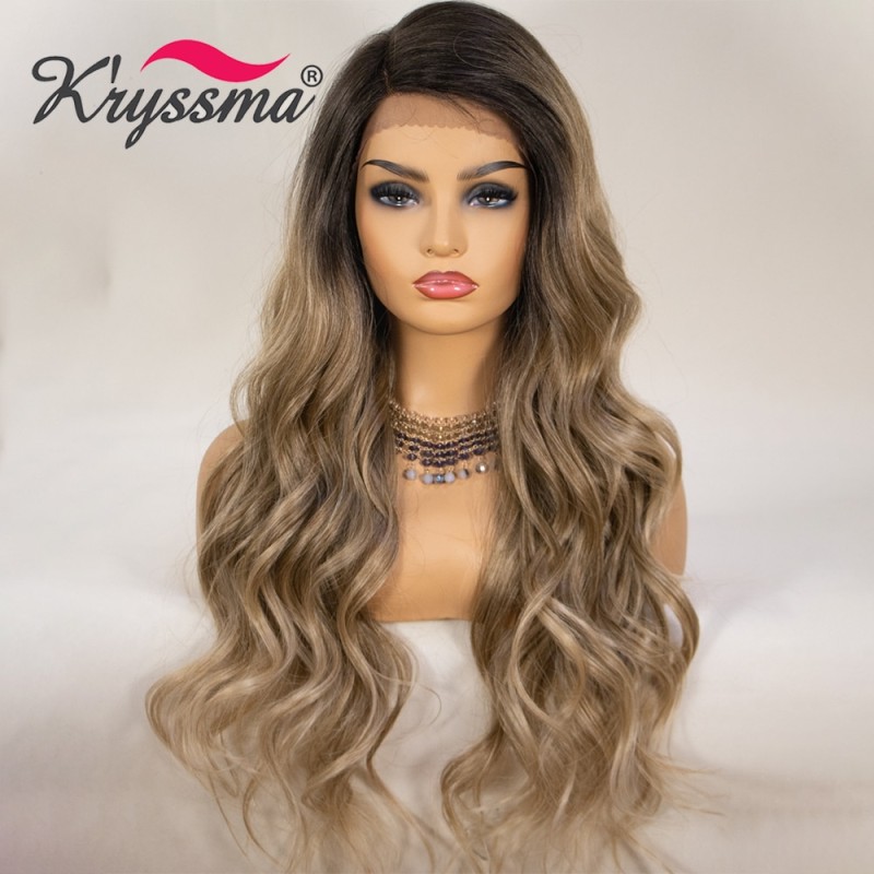 Kryssma Long Blonde Body Wavy Lace Front Wig Glueless Synthetic Blonde Wig Free Part Ombre Lace Wig with Natural Hairline