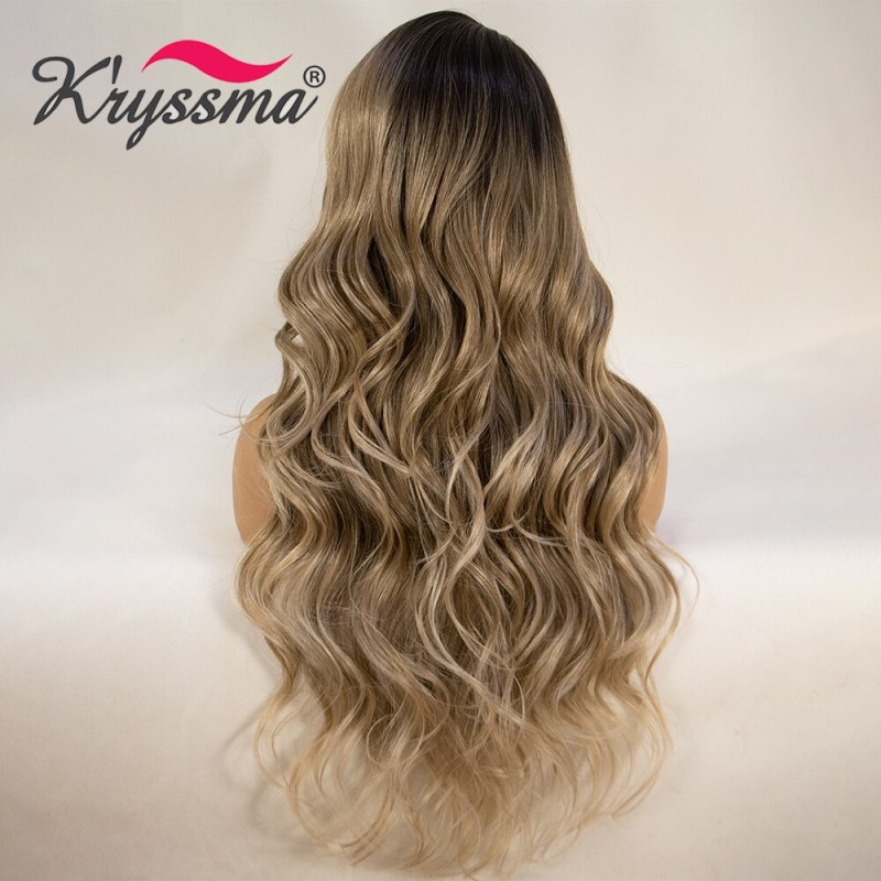 Kryssma Long Blonde Body Wavy Lace Front Wig Glueless Synthetic Blonde Wig Free Part Ombre Lace Wig with Natural Hairline