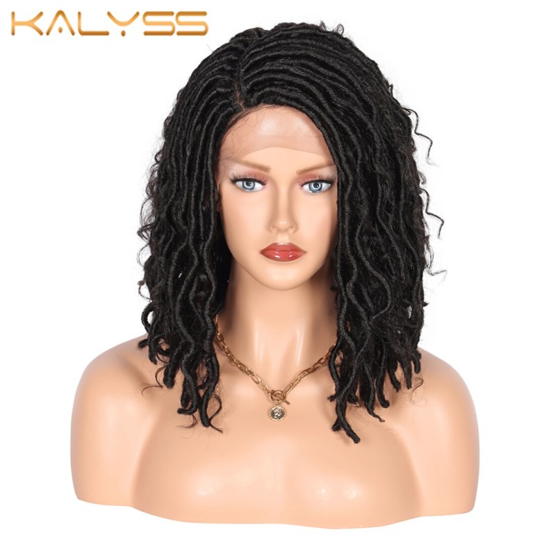 Kalyss 13" Lace Front Braided Wigs With Baby Hair Faux Locs Braids Wig With Boho Curl For Black Women Dreadloc Synthetic Wigs