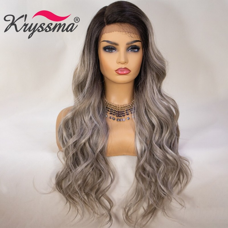 Kryssma Gray Lace Front Wig Ombre Grey Wigs Long Wavy Synthetic Wigs For Women Long Cosplay Wigs High Temperature Fiber Hair