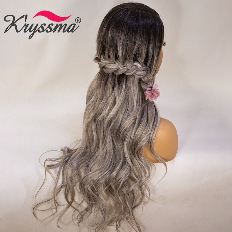 Kryssma Gray Lace Front Wig Ombre Grey Wigs Long Wavy Synthetic Wigs For Women Long Cosplay Wigs High Temperature Fiber Hair