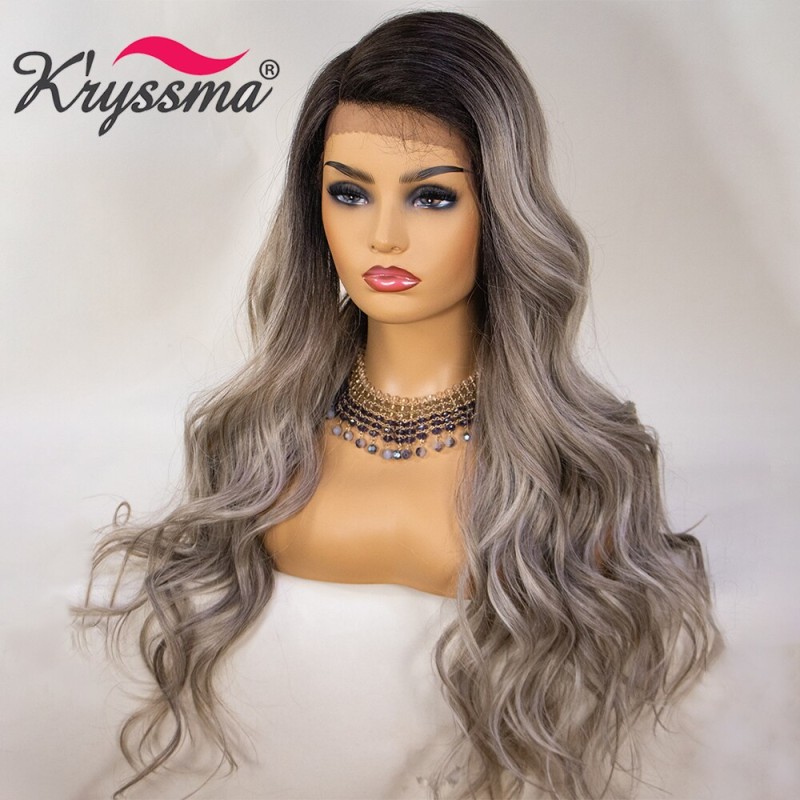 Kryssma Gray Lace Front Wig Ombre Grey Wigs Long Wavy Synthetic Wigs For Women Long Cosplay Wigs High Temperature Fiber Hair