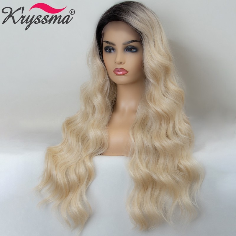 Kryssma Blonde Lace Front Wig Long Body Wave Ombre Blonde Synthetic Lace Part Wigs Natural Hair Cosplay Wigs For Black Women