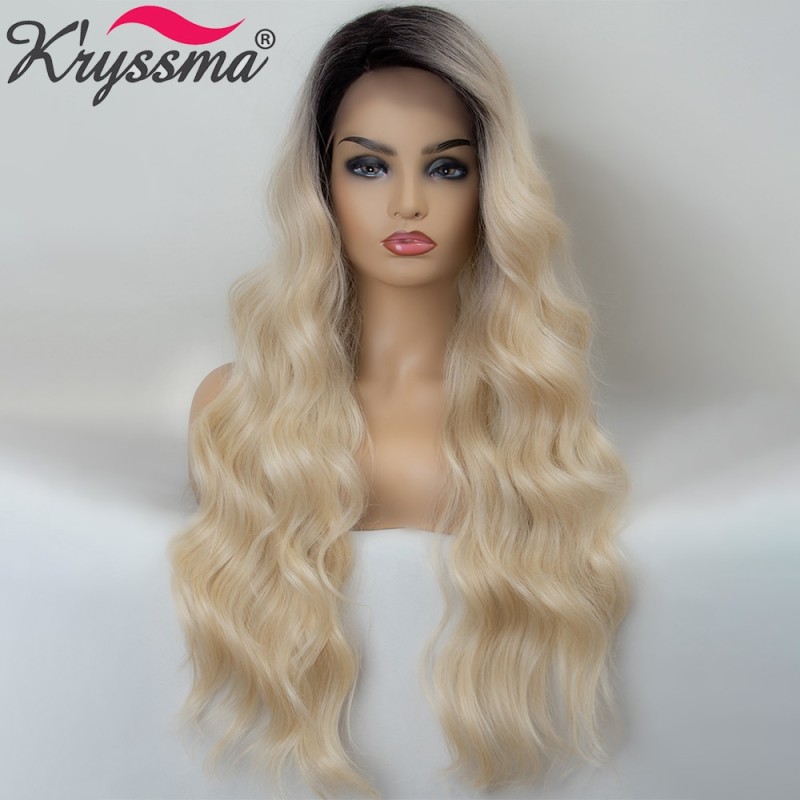 Kryssma Blonde Lace Front Wig Long Body Wave Ombre Blonde Synthetic Lace Part Wigs Natural Hair Cosplay Wigs For Black Women