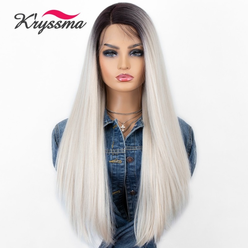 Kryssma Dark Grey Wig Long Straight Synthetic Lace Front Wigs for Black Women Ombre White Cosplay Wig Heat Resistant Fiber Hair