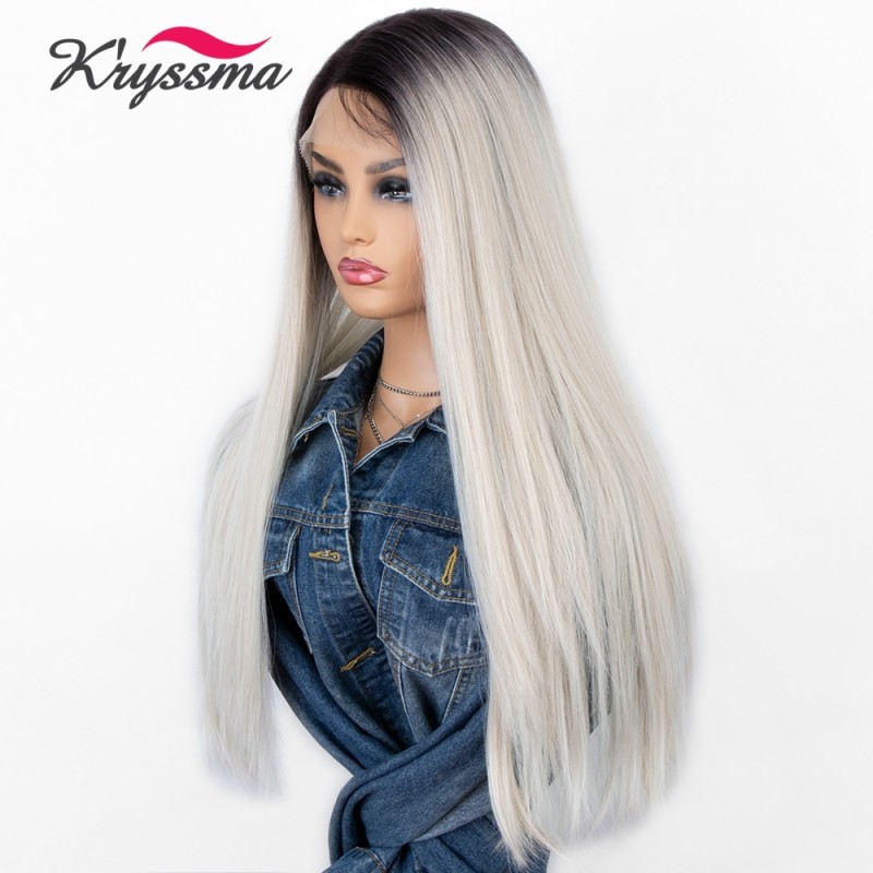 Kryssma Dark Grey Wig Long Straight Synthetic Lace Front Wigs for Black Women Ombre White Cosplay Wig Heat Resistant Fiber Hair