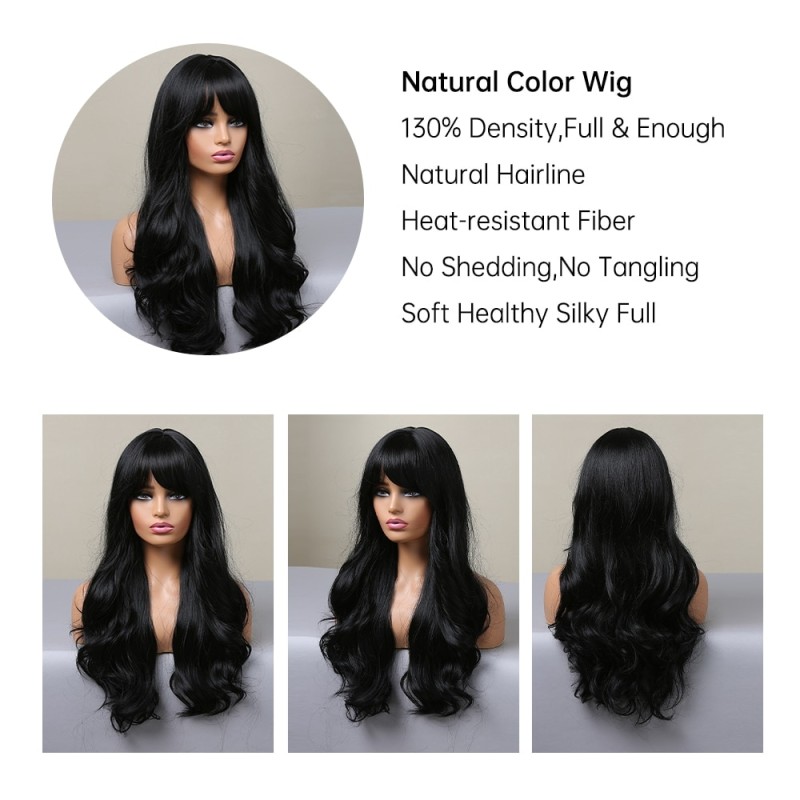 HAIRCUBE Long Black Wavy Synthetic Wigs with Bangs for Women Body Wave Wigs Cosplay Daily Natural Hair Heat Resistant