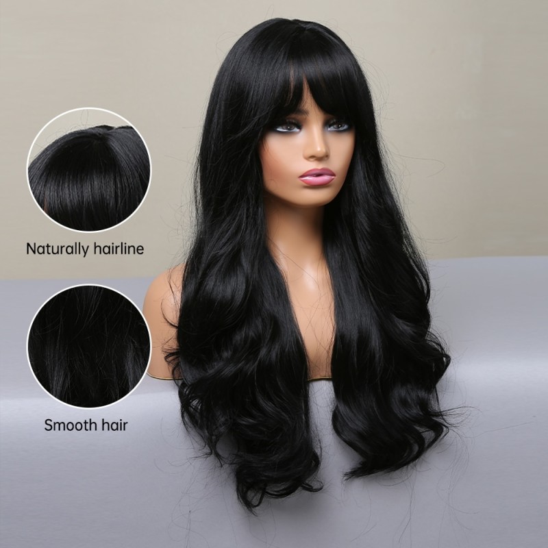 HAIRCUBE Long Black Wavy Synthetic Wigs with Bangs for Women Body Wave Wigs Cosplay Daily Natural Hair Heat Resistant