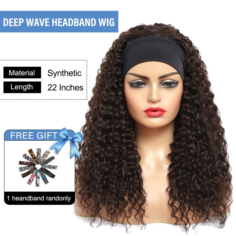 Headband Wig Deep Wave Synthetic Wig 22 Inch Kinky Curly Wavy Brown Red Hair With Highlights for Black Women Soku Glueless Wigs