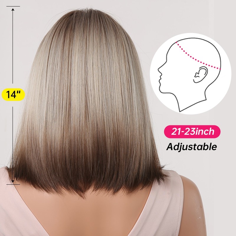 Brown Blonde Ombre Bob Wigs for Women Cosplay Wig with Bangs Dark Roots Gray Natural Hair Synthetic Wig