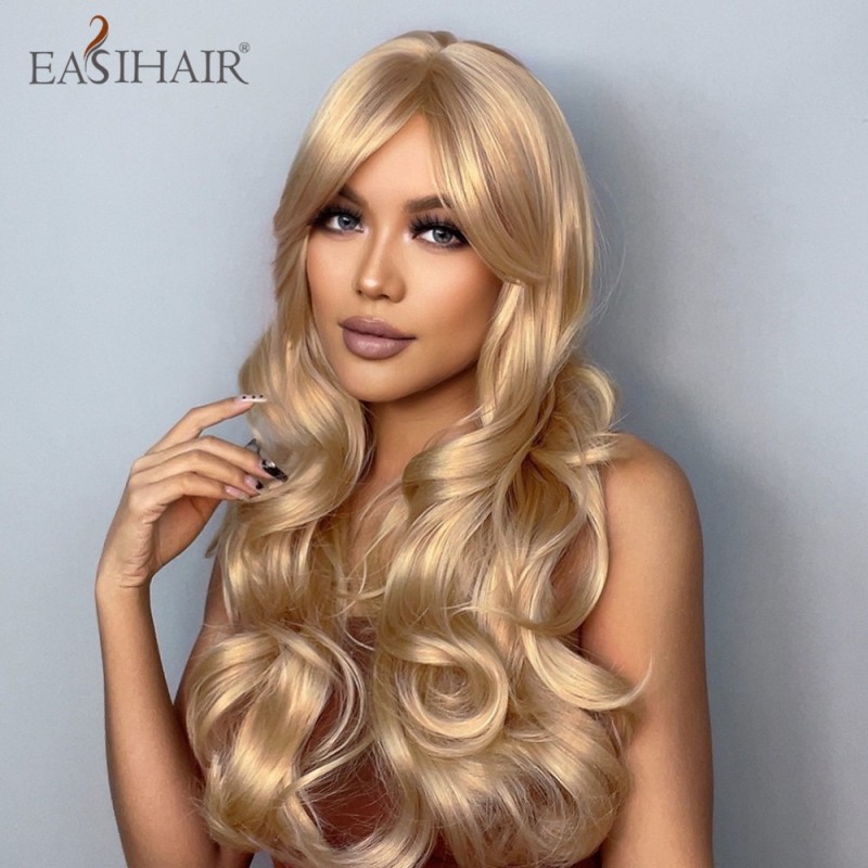 EASIHAIR Ash Blonde Wavy Cosplay Wigs with Bangs Natural Long Synthetic Hairs for Women Lolita Party Heat Resistant Fibers Wig