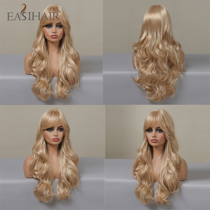 EASIHAIR Ash Blonde Wavy Cosplay Wigs with Bangs Natural Long Synthetic Hairs for Women Lolita Party Heat Resistant Fibers Wig