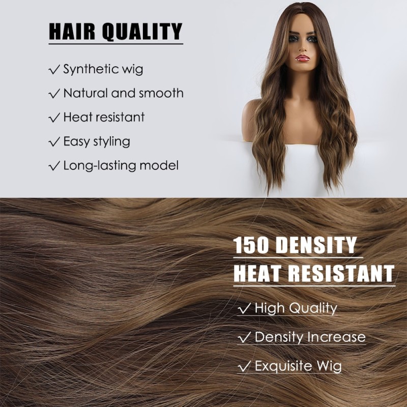 EASIHAIR Long Brown Ombre Synthetic Wigs for Women Natural Hair Wavy Wigs Middle Part Female Wig Cosplay Heat Resistant Wigs