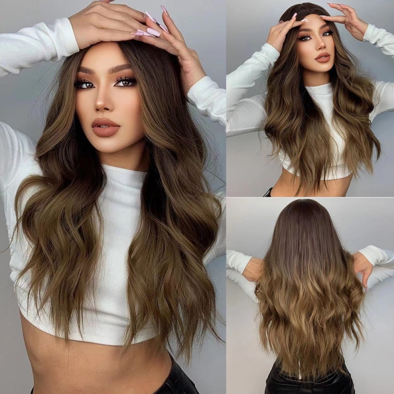EASIHAIR Long Brown Ombre Synthetic Wigs for Women Natural Hair Wavy Wigs Middle Part Female Wig Cosplay Heat Resistant Wigs