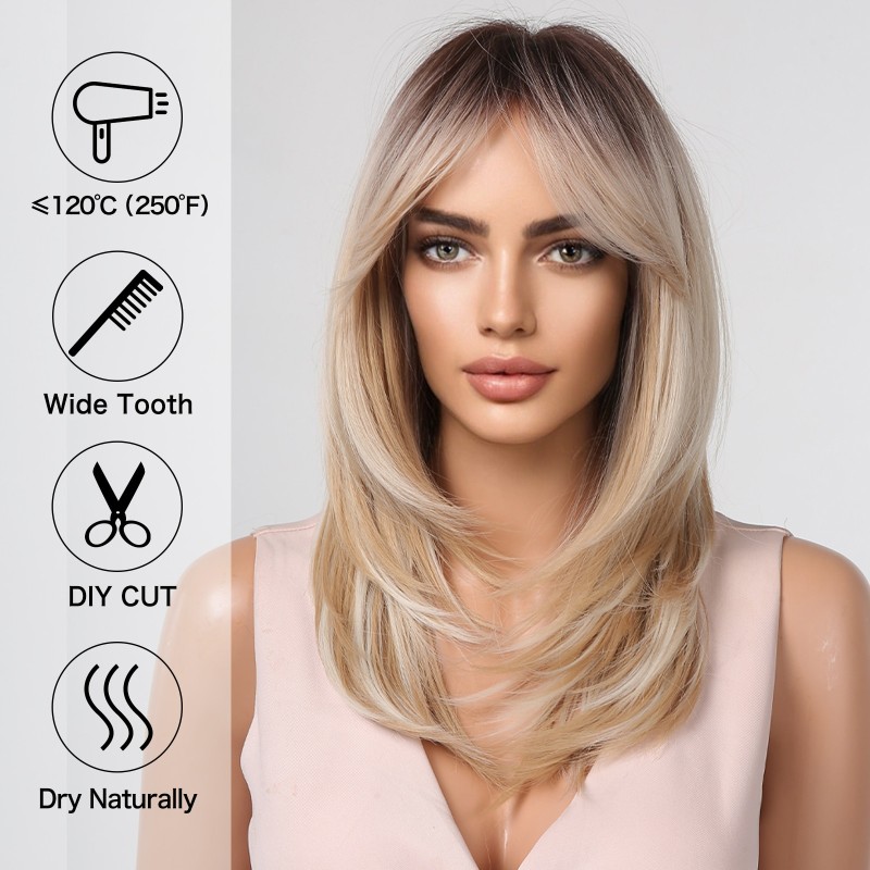ALAN EATON Long Blonde Wigs for Women Synthetic Hair Wig with Fringe Ombre Color with Dark Roots Layered Wigs Heat Resistant
