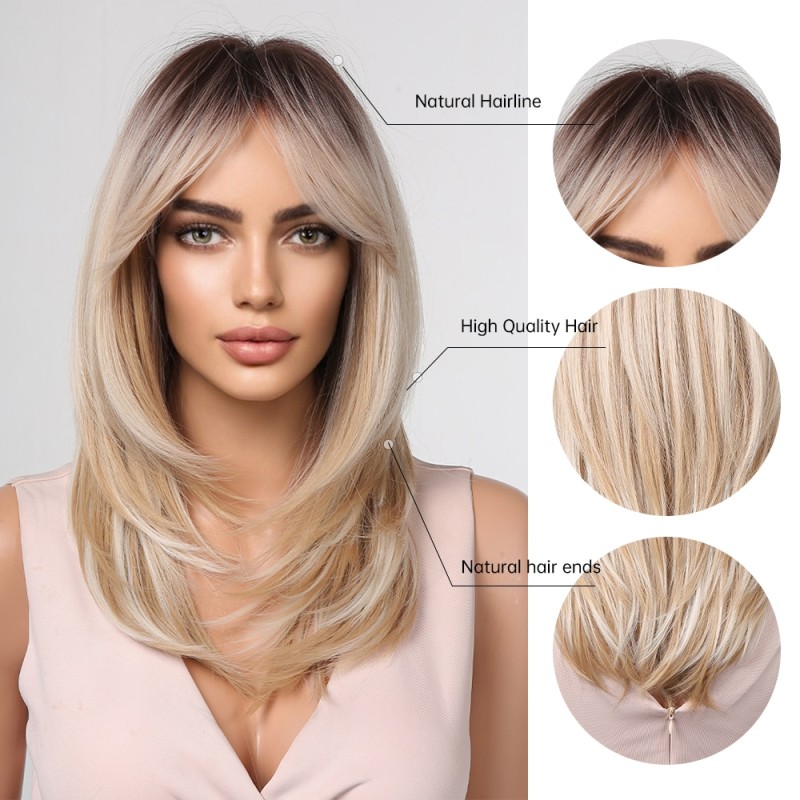 ALAN EATON Long Blonde Wigs for Women Synthetic Hair Wig with Fringe Ombre Color with Dark Roots Layered Wigs Heat Resistant